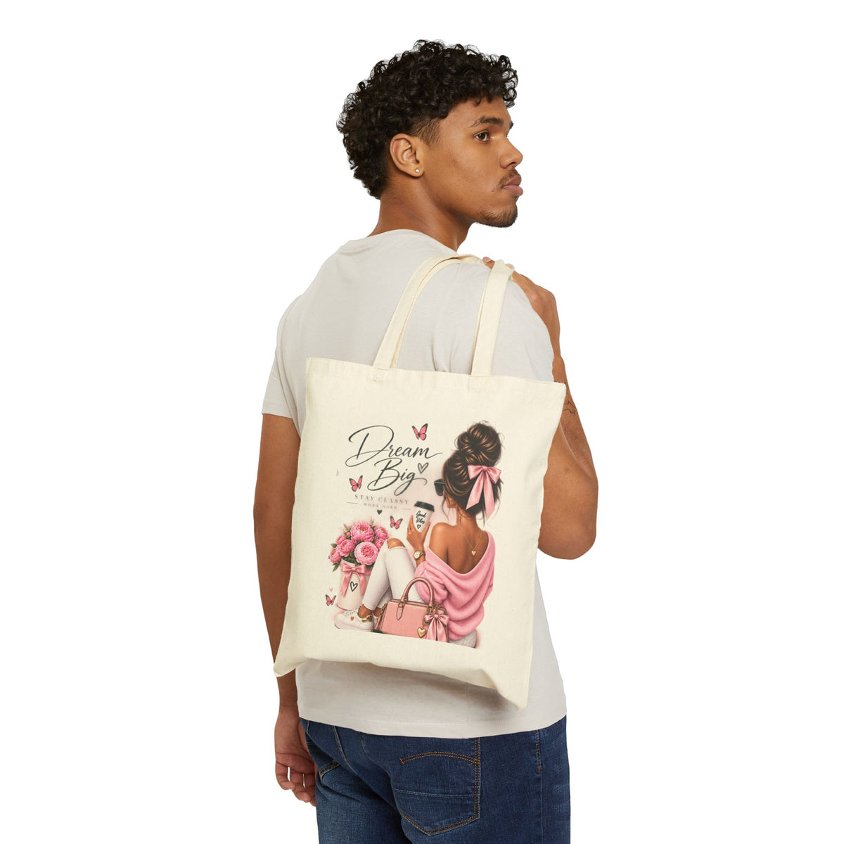 Tote Bag — "Dream Big" Pink Floral Afro Girl Canvas Tote