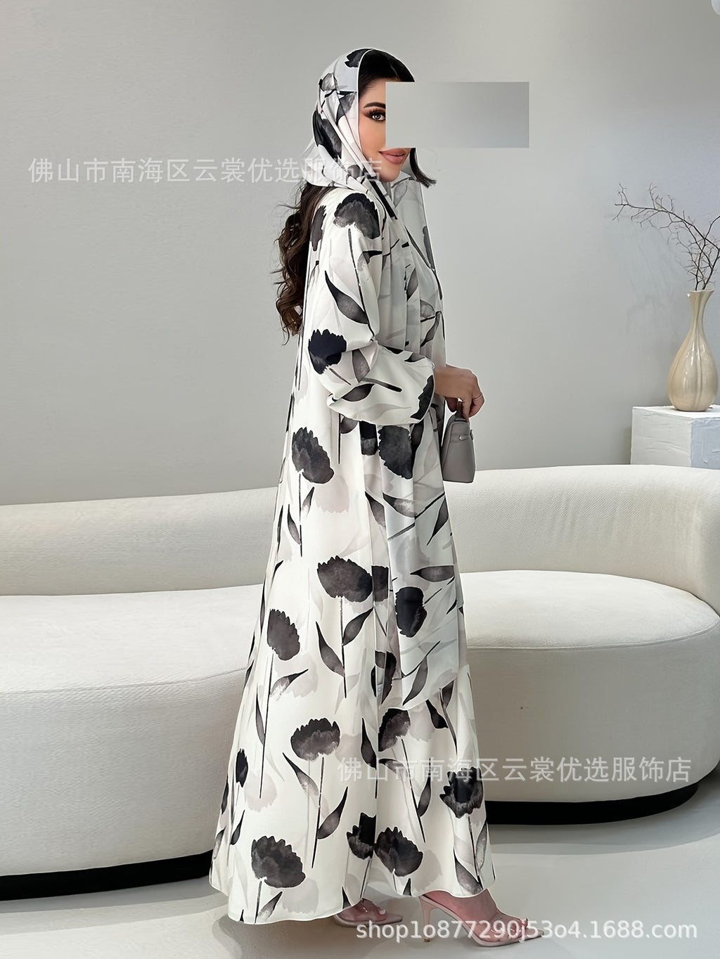 Printed Muslim Women's Long Robe with Headscarf