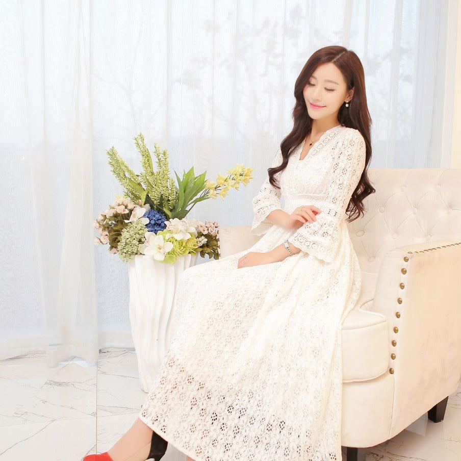 Floral Lace V-Neck Slim-Waist Dress
