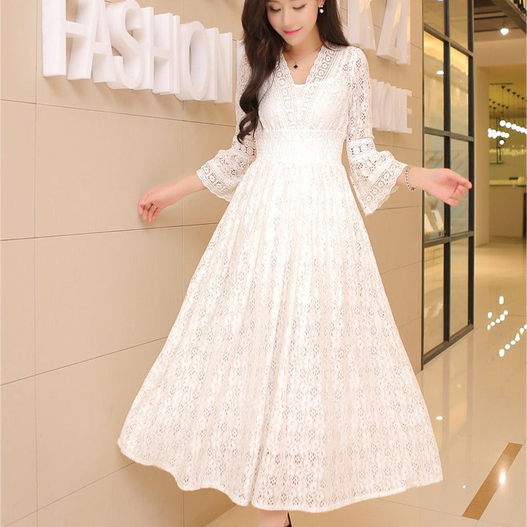 Floral Lace V-Neck Slim-Waist Dress