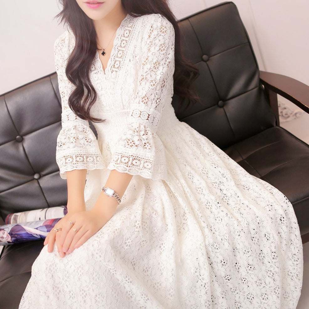 Floral Lace V-Neck Slim-Waist Dress