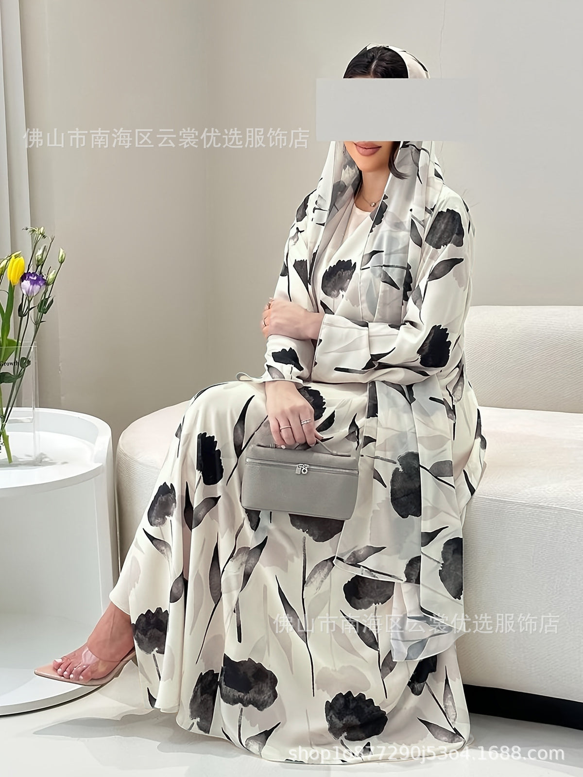 Printed Muslim Women's Long Robe with Headscarf